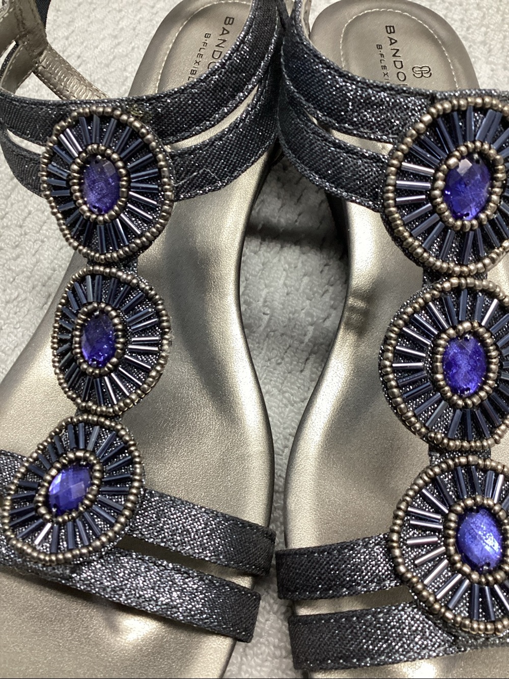Bandolino Navy Beaded T-Strap Sandals with Blue Gem Accents - Picture 4 of 6